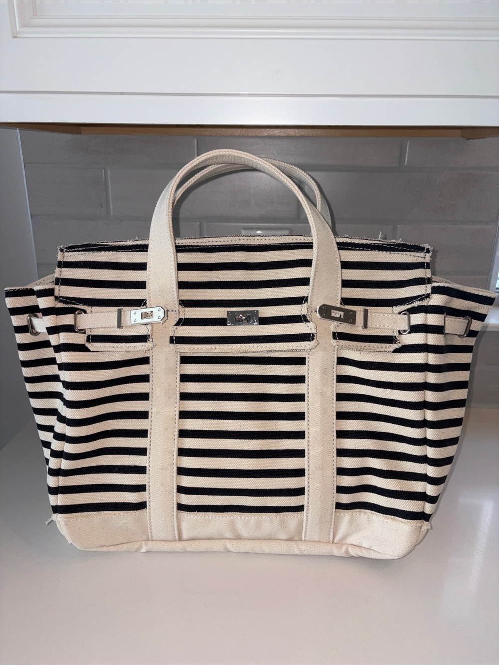 Sunwin Madaket Large Striped Canvas Tote Bag Black White Silver Hardware